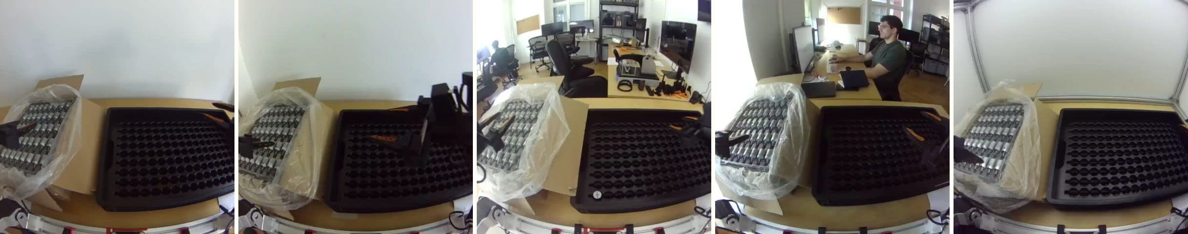 Five square frames from the top camera side by side, one per collection scene: the actuator box and the tray on four different office desks, and inside the lightbox.
